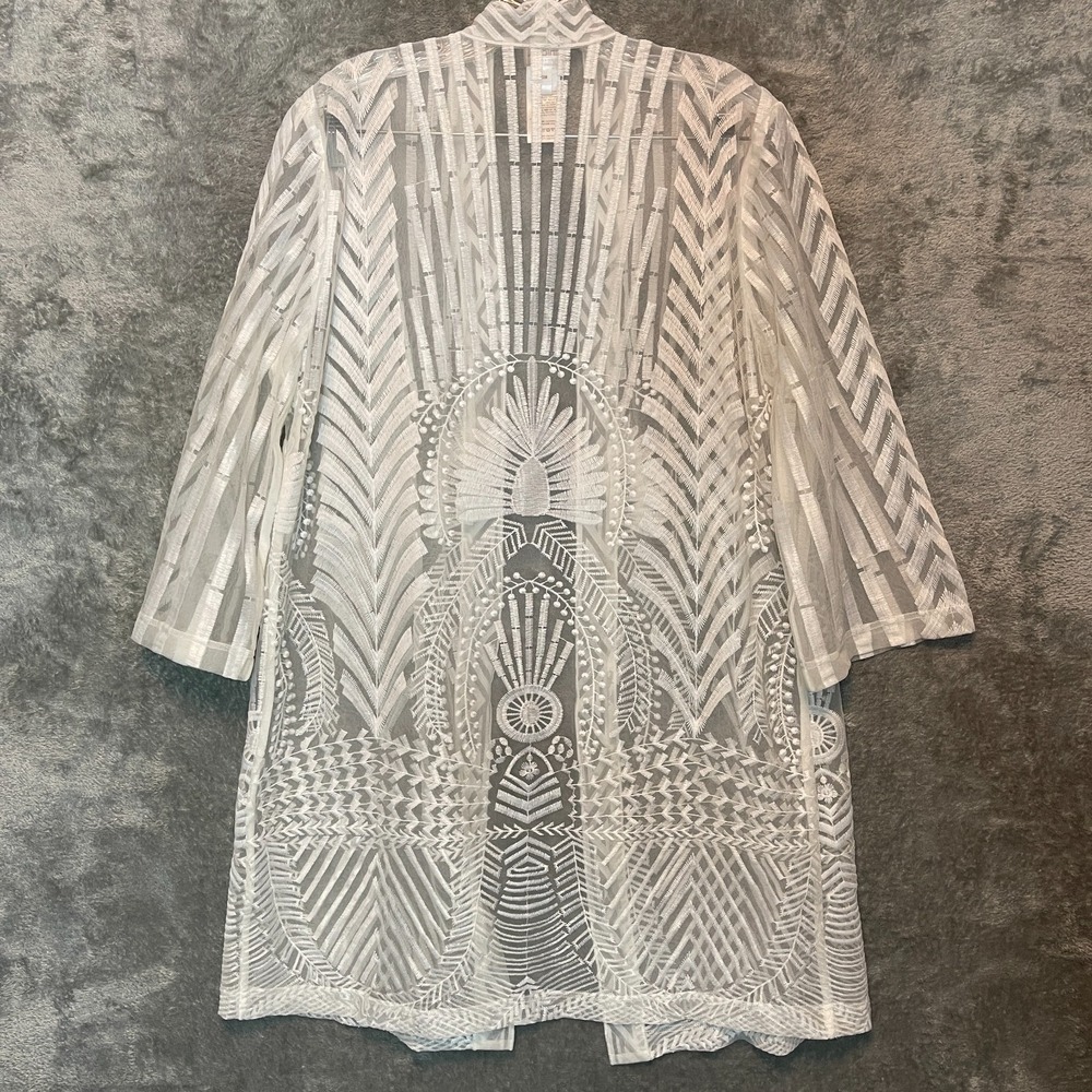 Chicos Women Sheer Embroidered Kimono Duster 2-12 Boho Coastal Applique Traveler - Picture 3 of 10